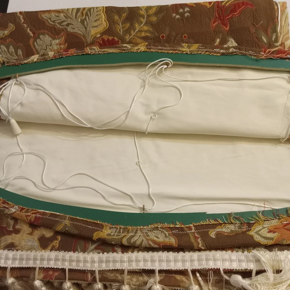 Unique French Art Curtains Oval/ Arch Cut, Tassels, Drawstring Attached to wood